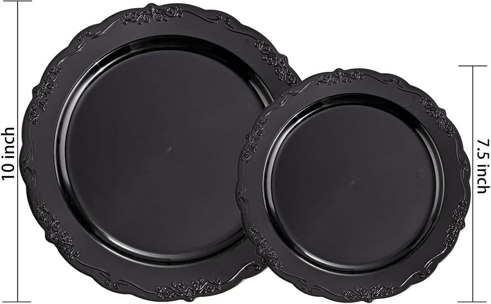 U-QE 100PCS Black Plastic Plates, Heavy Duty Black Plates Halloween