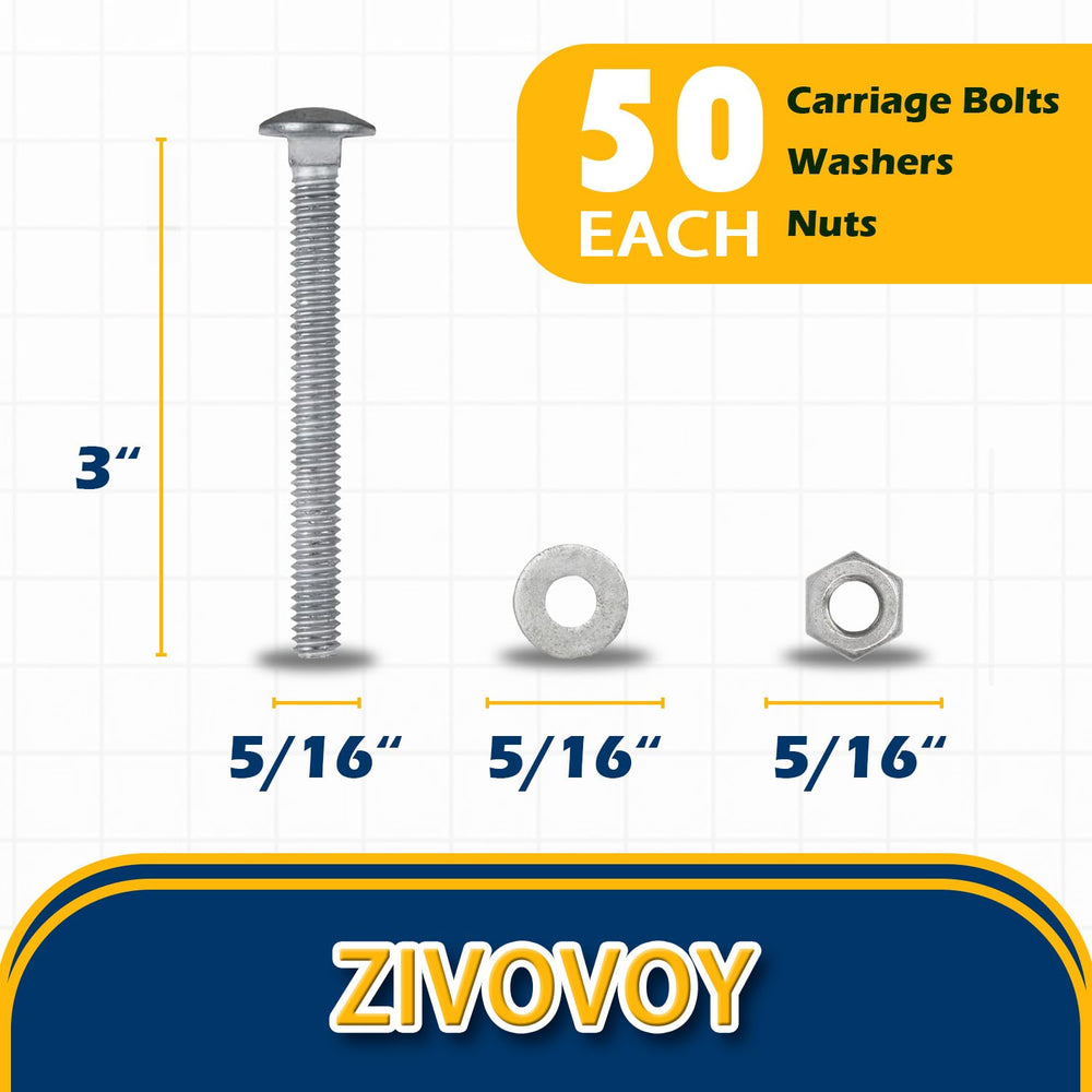 5/16" x 3" Hot Dip Galvanized Grade 307A Carriage Bolt Kit, 50 Pack...