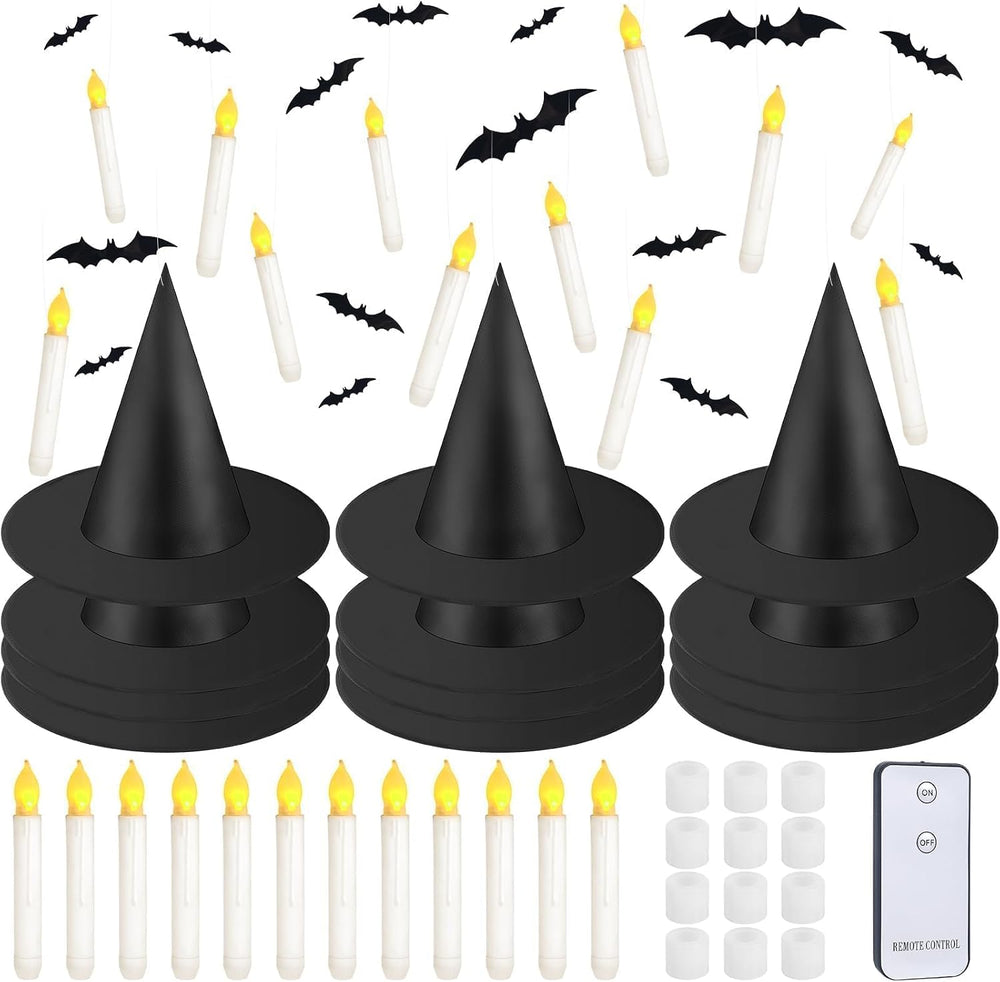 80 Pcs Halloween Hanging Witch Hats and Taper Floating Candles Set