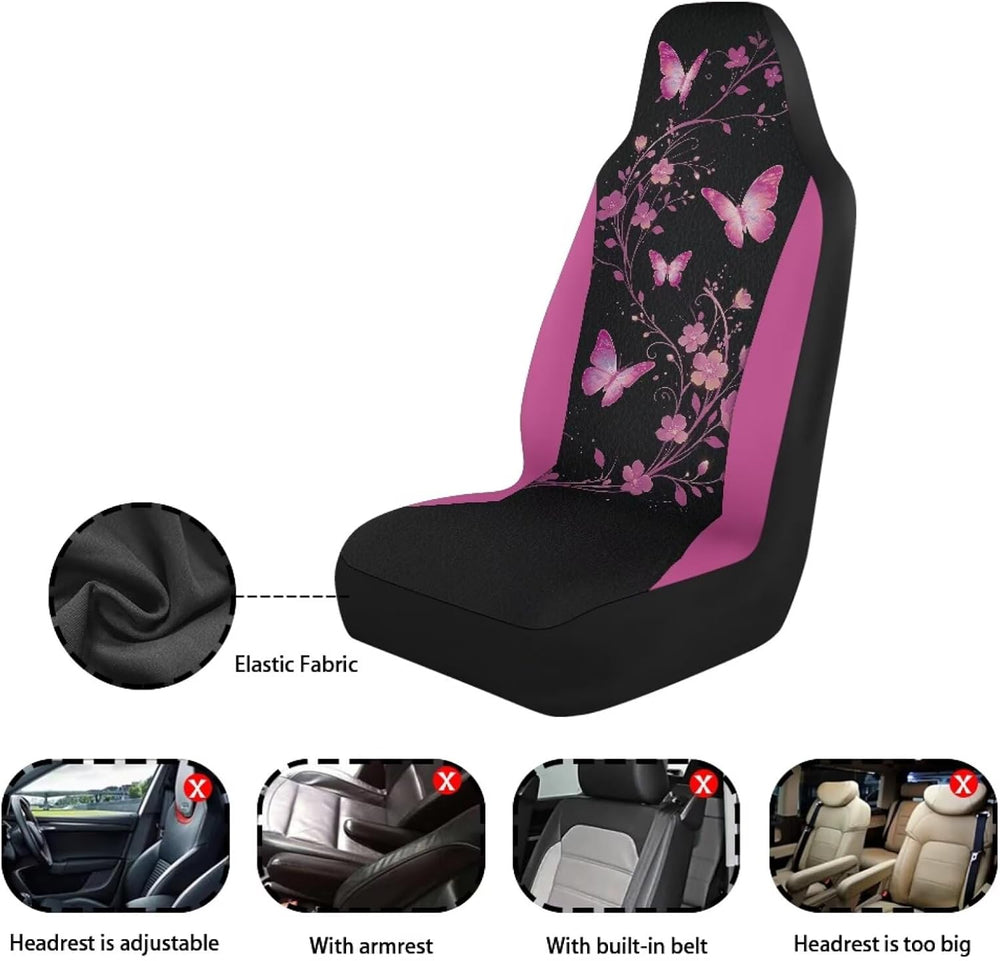 Howilath Universal Fit Pink Butterfly Flower Car Seat Covers 2-Piece Elastic ...