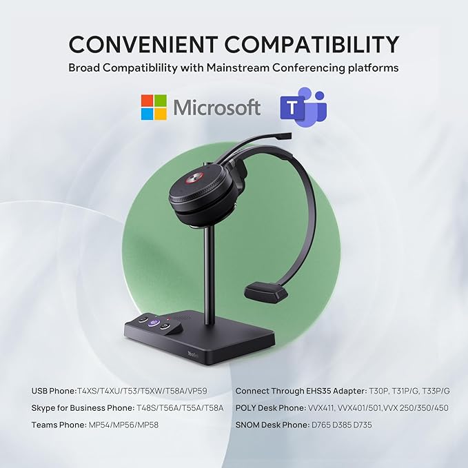 Yealink WH62 DECT Mono Teams Wireless Headset, 525 ft Range Work Headphone