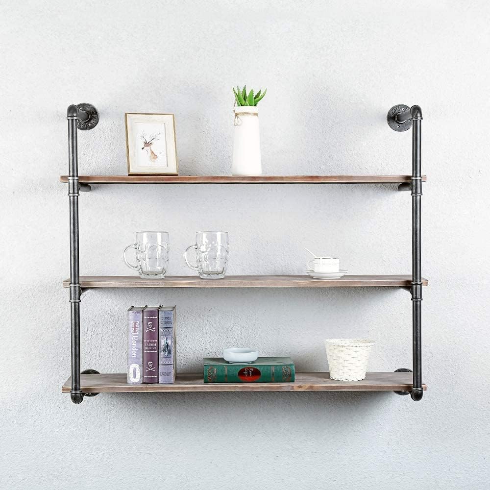 DIY Industrial Black Pipe Bookshelf Wall Ceiling Mounted Open Bookshelf Parts...