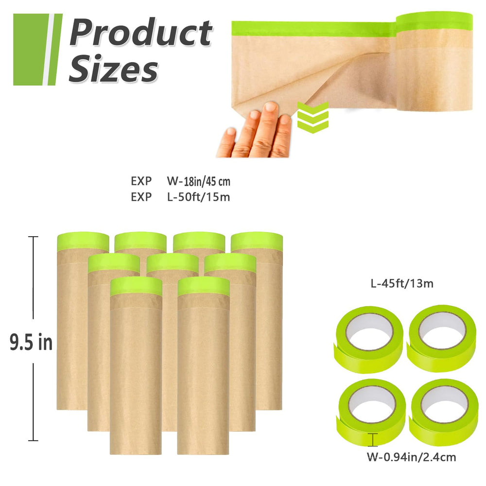 9 Rolls Pre-Taped Masking Paper for Painting and 4 Rolls Masking Tape Set -18...