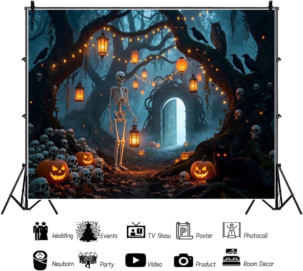 12x10ft Halloween Backdrop for Photography Skeleton Haunted Forest Backdrop
