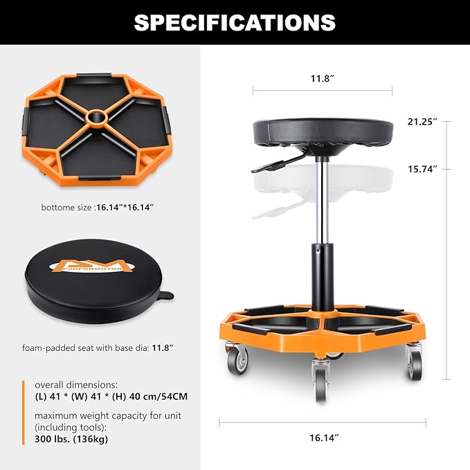 PM PERFORMOTOR Adjustable Height Pneumatic Garage Seat Rolling Mechanic Stool