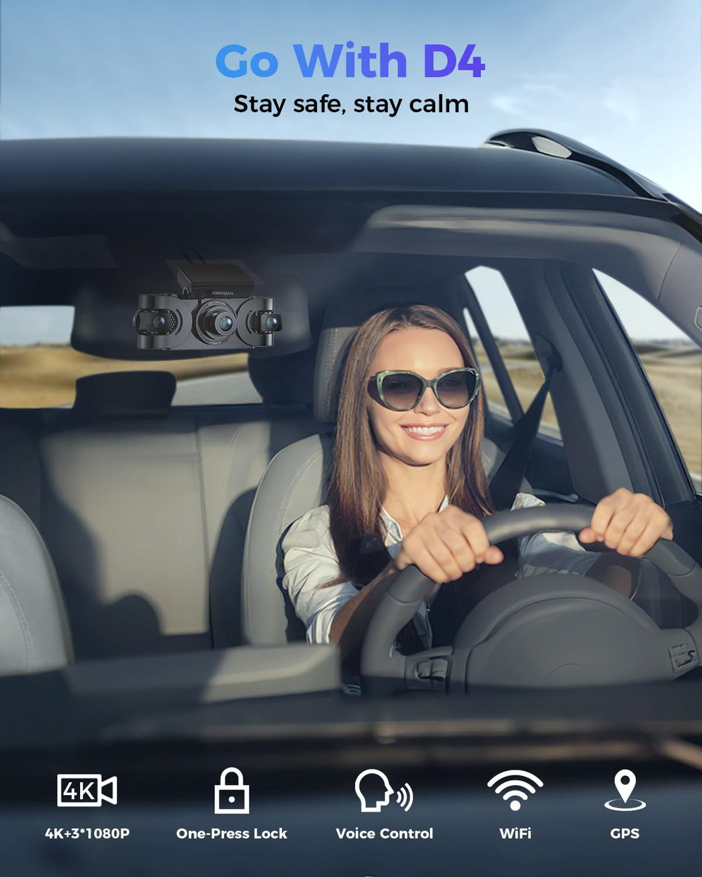 4K 360ยฐ Dash Cam with 128GB Card, 4-Channel Dash Camera for Cars