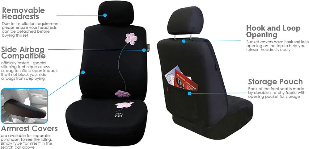 FH Group Front Set Cloth Car Seat Covers for Low Back Car Seats with Removabl...