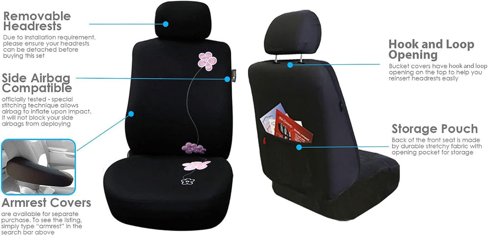 FH Group Car Seat Covers Floral Full Set Black Automotive Airbag and Split Re...