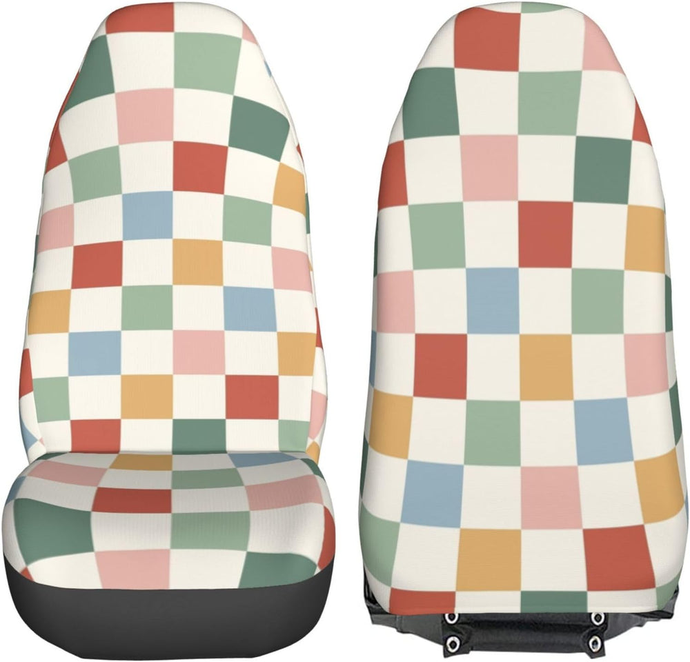 Rainbow Checkerboard Retro Car Seat Covers Universal 2 Pcs Auto Front Seat Co...