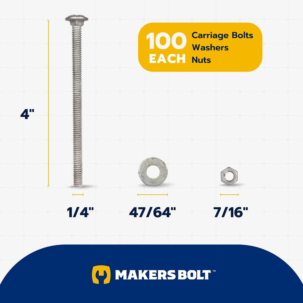 1/4" x 4" (100 Pack) Galvanized Carriage Bolt Kit Grade 307A Includ...