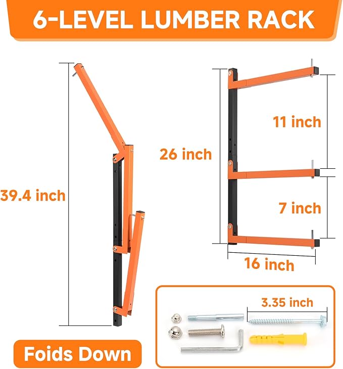 4 Pack Lumber Rack Wall Mount, Heavy Duty Wood Storage Racks, 6-Level System