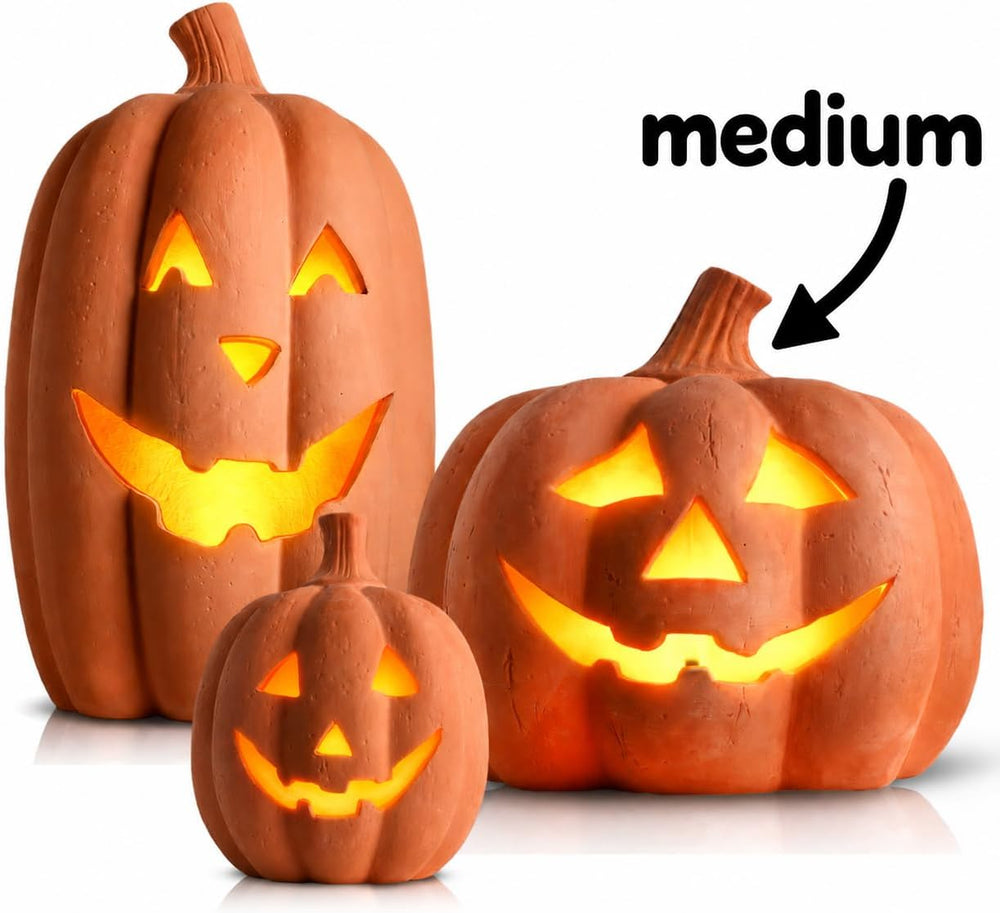 Halloween Lighted Terracotta Jack O Lantern Pumpkin 9.8 Inch Decor (Medium)