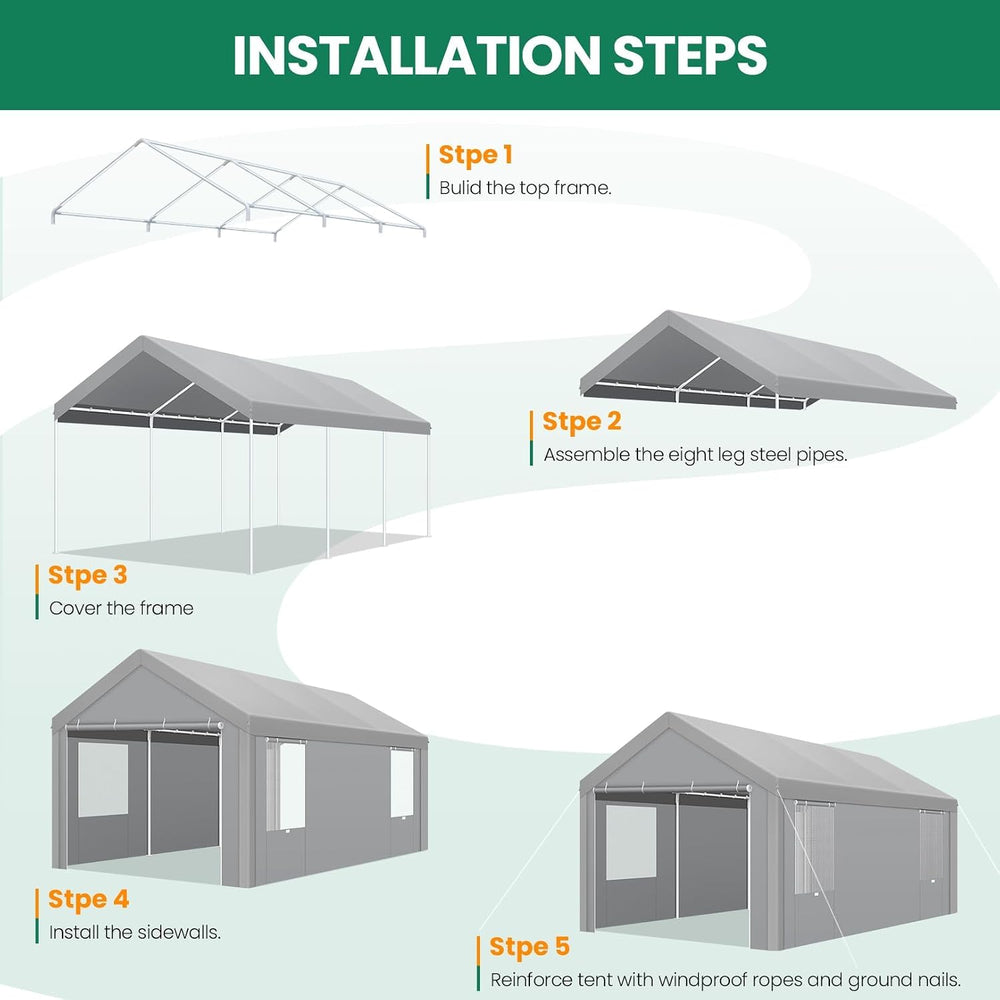 10x20 FT Heavy Duty Carport with Galvanized Frame,Gray