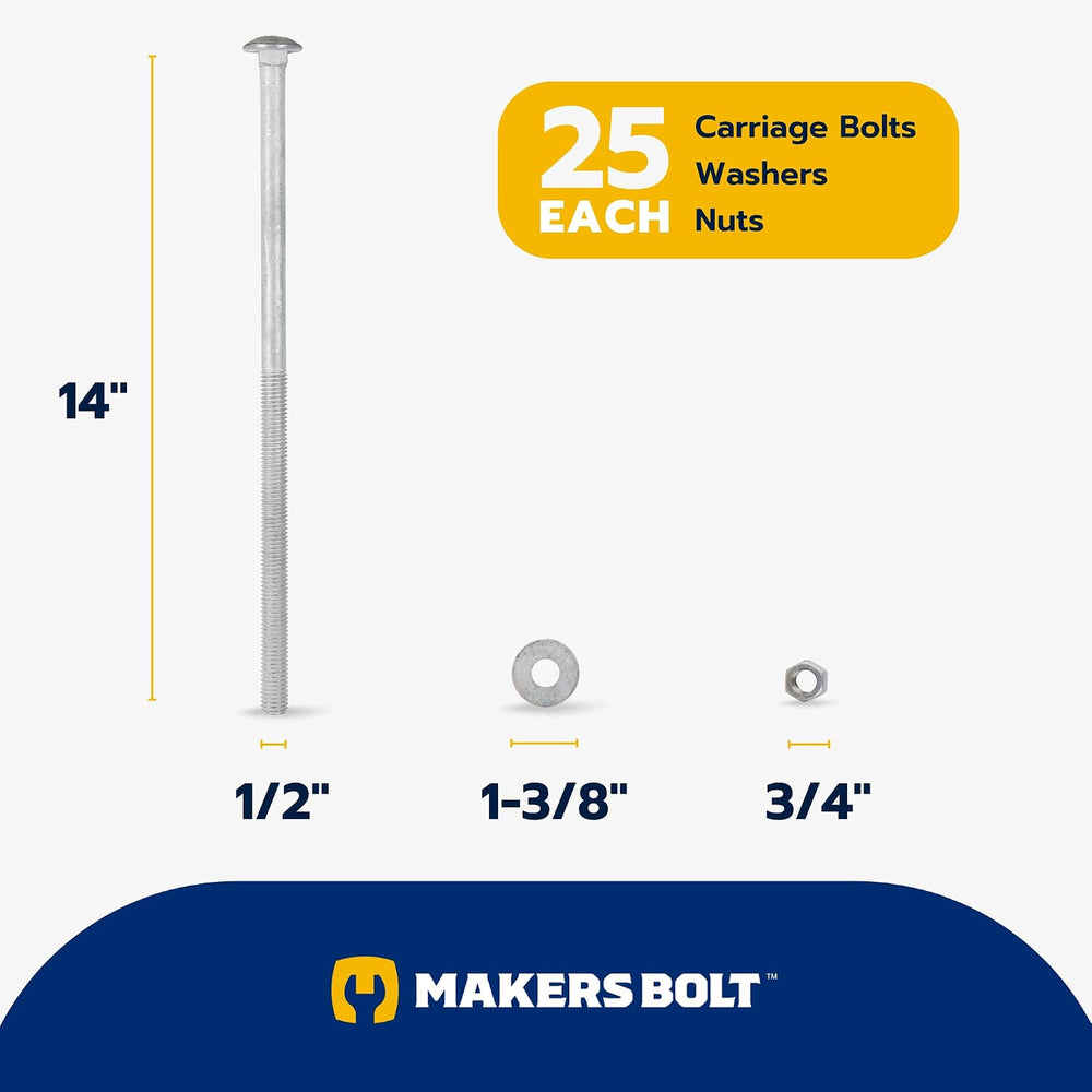1/2" x 14" (25 Pack) Galvanized Carriage Bolt Kit Grade 307A Includ...