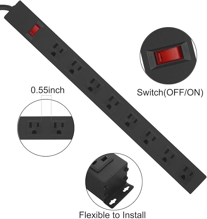 2Pack Metal 8 Outlet Mountable Power Strip, Wall Mount Outlet Heavy Duty