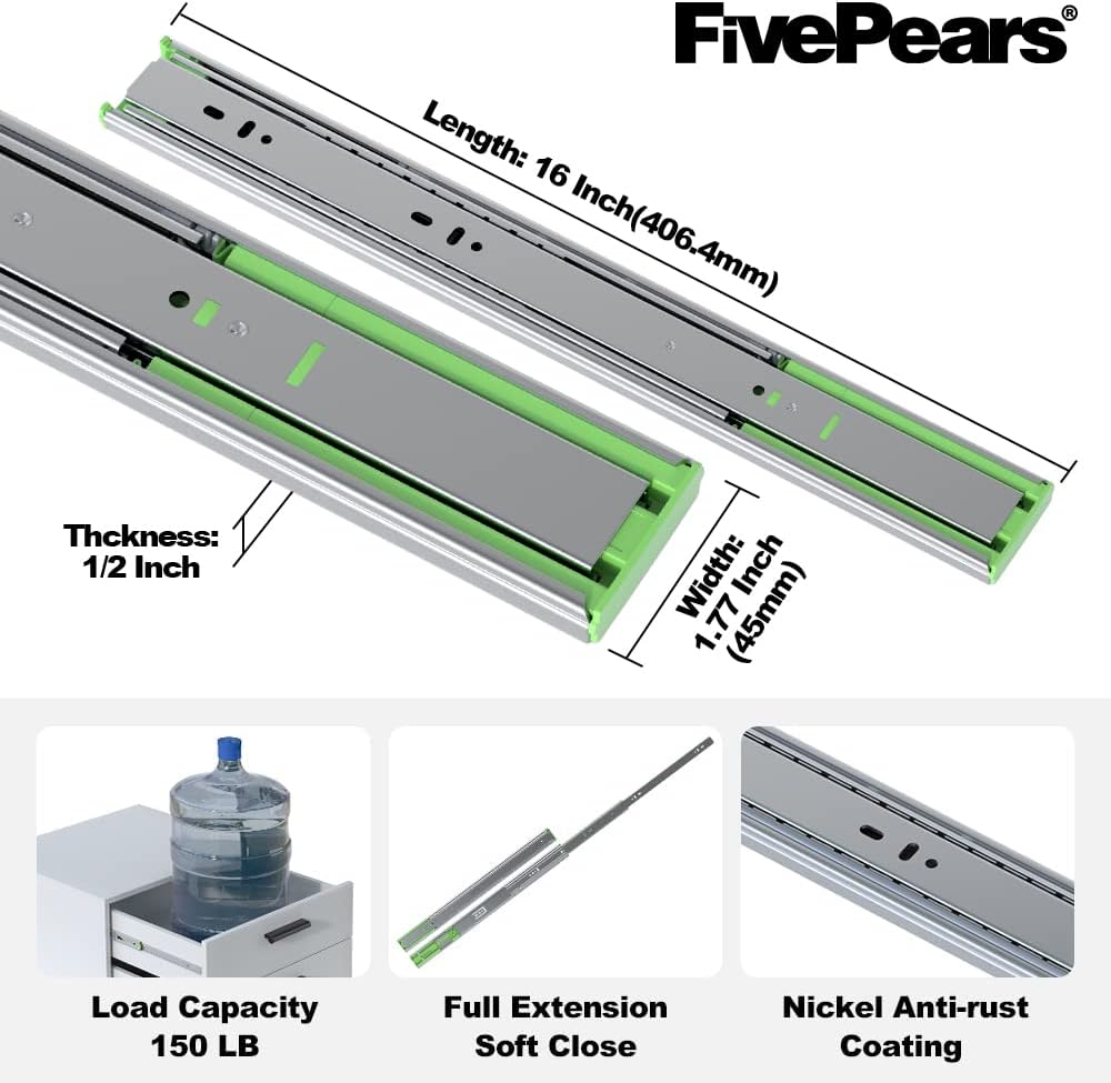 FivePears 2 Pairs 16 Inch Heavy Duty Soft Close Drawer Slides, 150 Lb Load Ca...