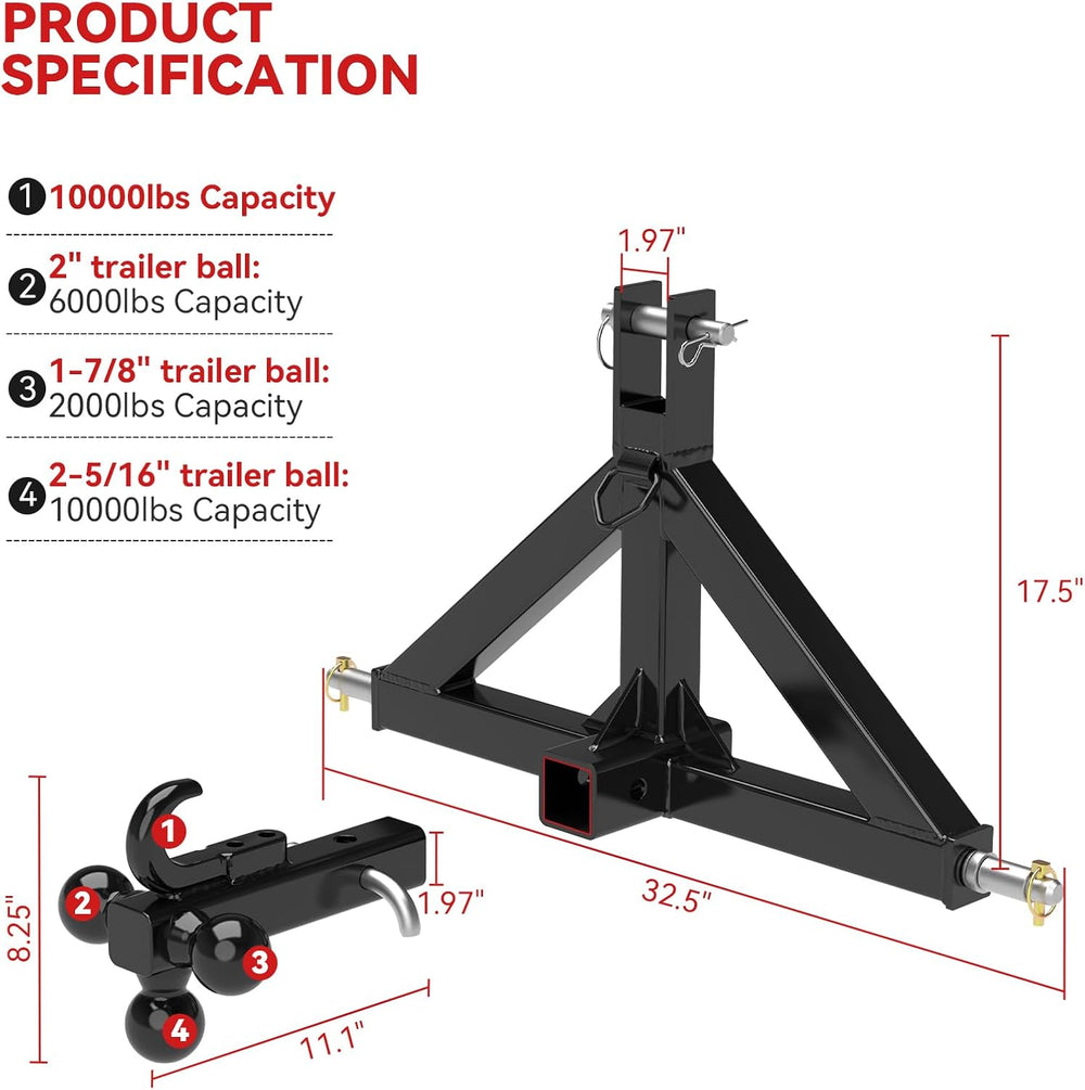 3 Point Trailer Hitch 2โ Receiver for Category 1 Tractor Quick Hitch, Black