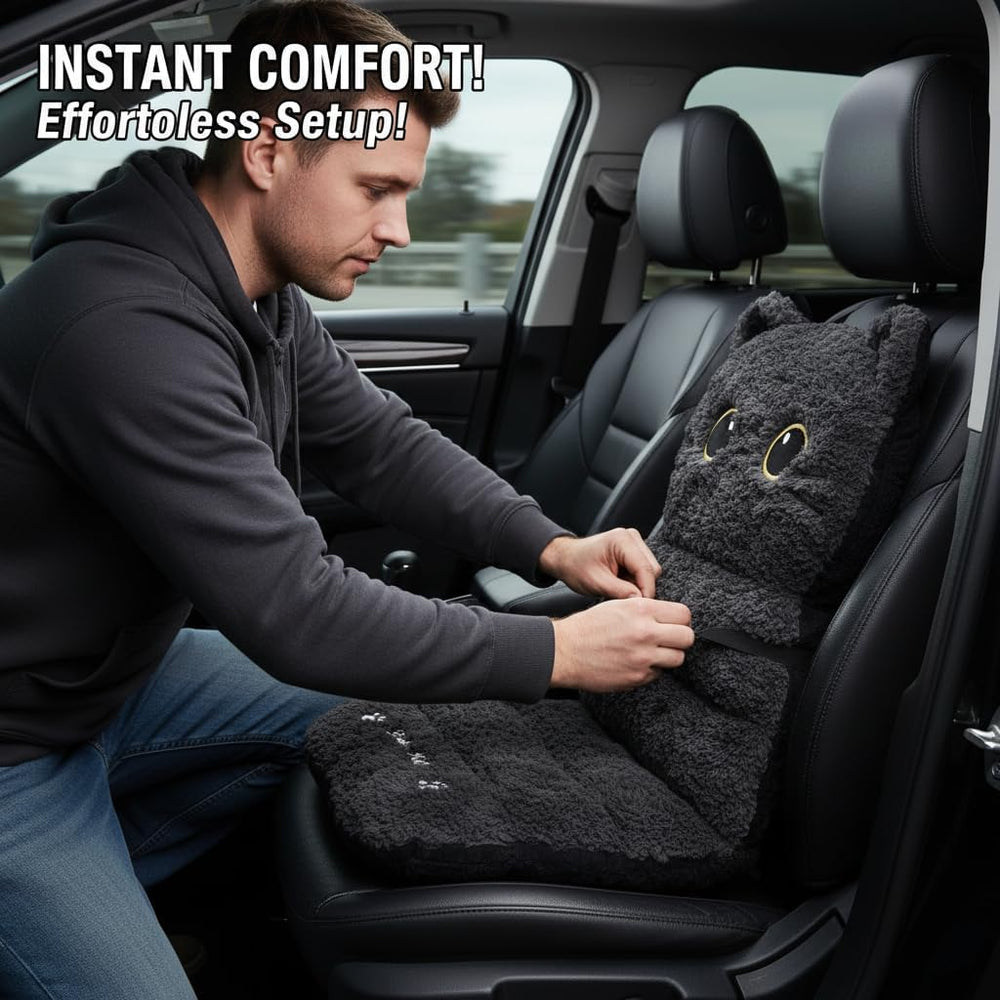 Plush Black Cat Car Seat Cushion and Backrest Combo - Comfy Universal Auto In...