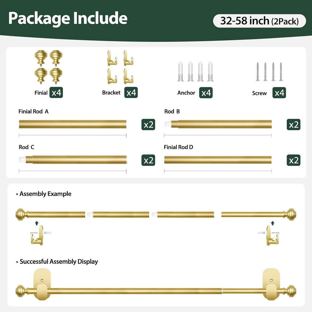 KAMANINA Curtain Rods No Drilling 2 Pack 32-58", 3M Adhesive Brackets, Gold