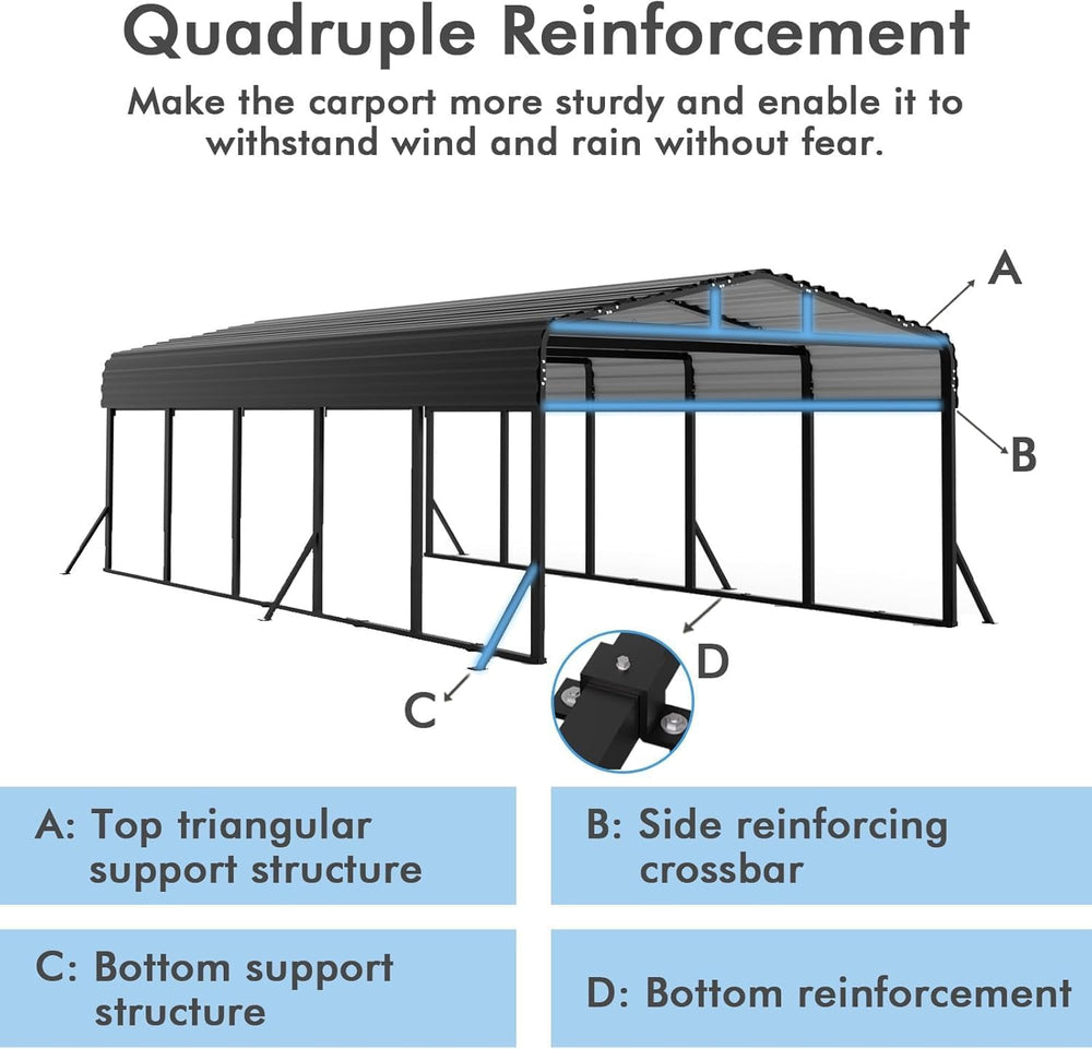 12x25 FT Metal Carport with Extra 6 Side Reinforcement Support Rods