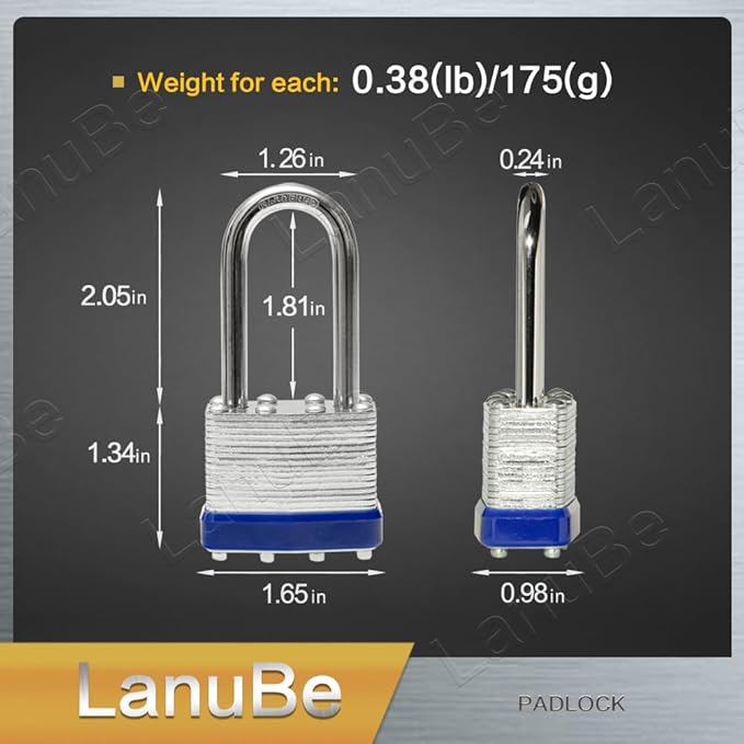LanuBe Laminated Padlock 1-9/16inch Long Shackle 100 Pack Keyed Alike, Bulk