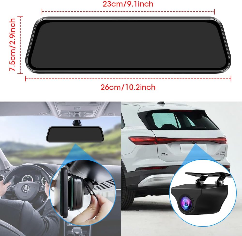 Upgraded 10'' Rear View Mirror Camera Mirror Dash Cam Front and Rear ...