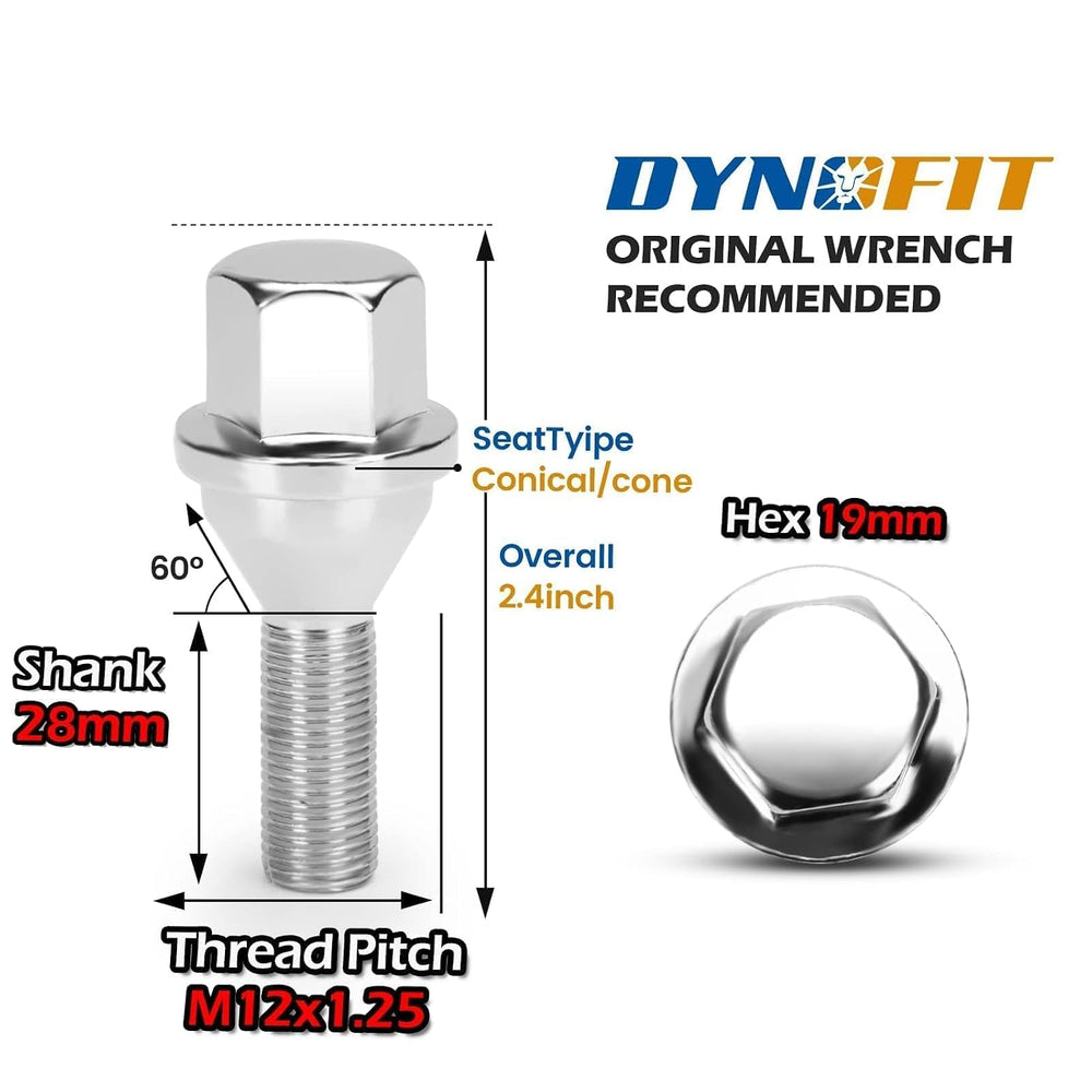 dynofit 12x1.25 OEM/Stock Wheel Lug Bolts, 20pcs ET 28mm Shank 19mm Hex 2.45 ...