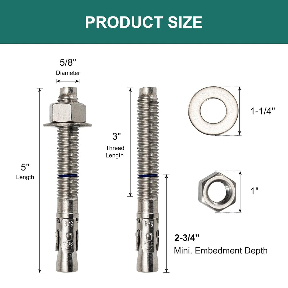 5/8" x 5" Concrete Anchors (25 Pack) 5/8 inch Wedge Anchors Bolts S...