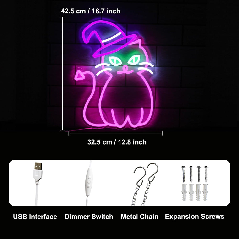 Pink Cat with Witch Hat Neon Sign Halloween LED Light for Room Party Decor