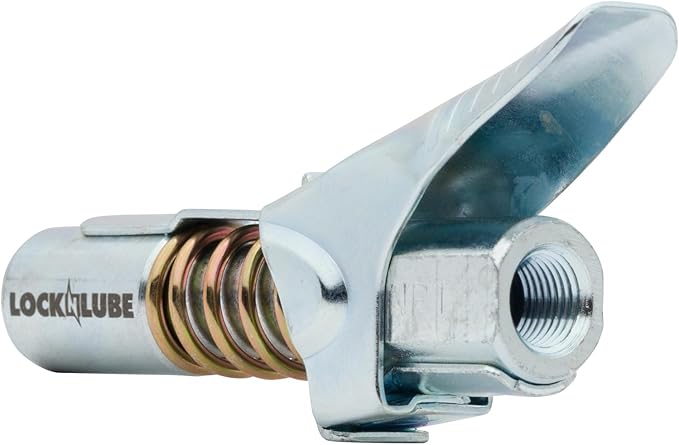 LockNLube Grease Gun Coupler locks onto Zerk fittings. Grease goes in, not on