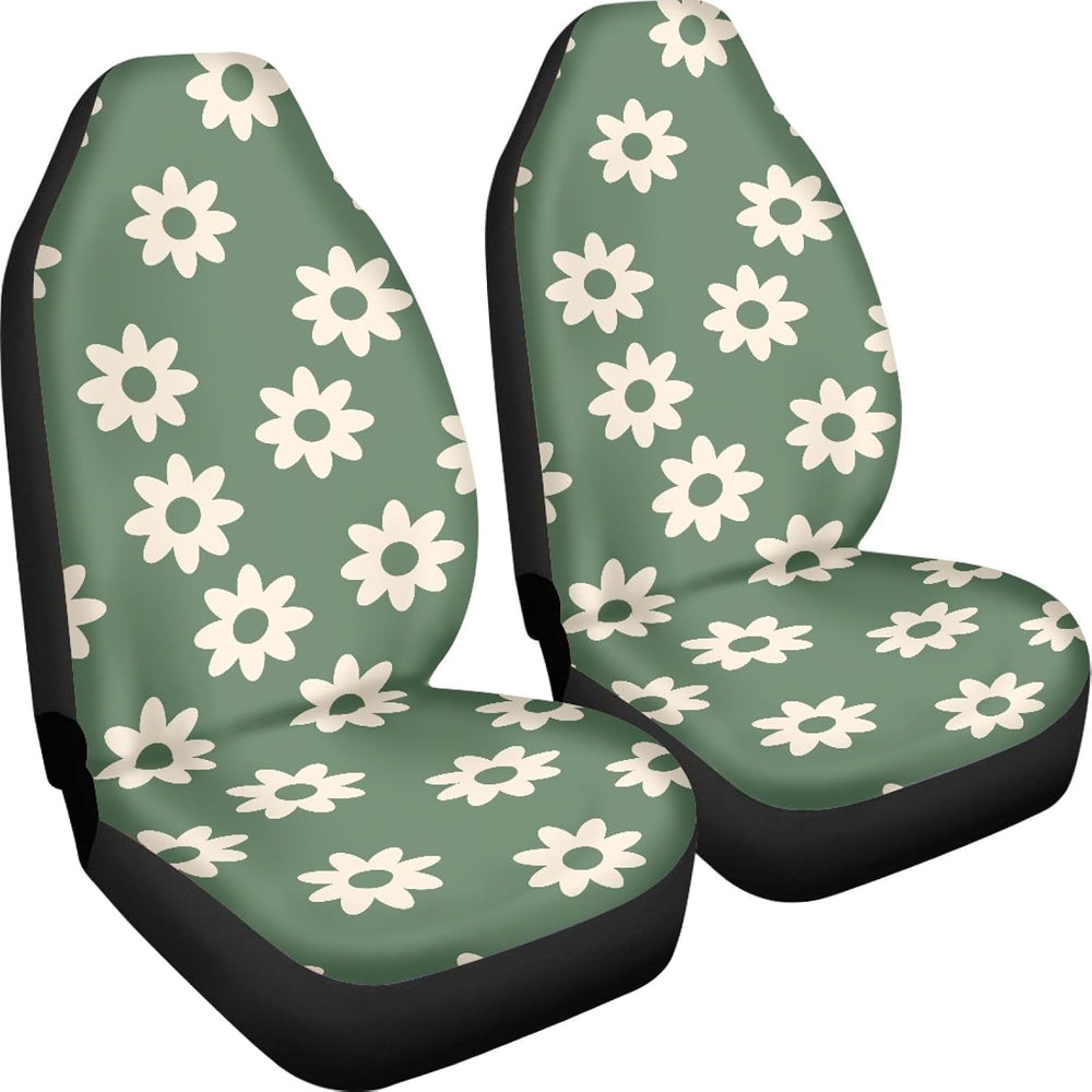 Green Groovy Flower Auto Seat Cover Set 2 Pack,Hippie Floral Car Front Seat C...