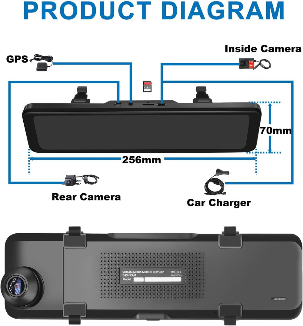 4K 3 Channel Mirror Dash Cam, 11" Triple Camera Rear View Mirror