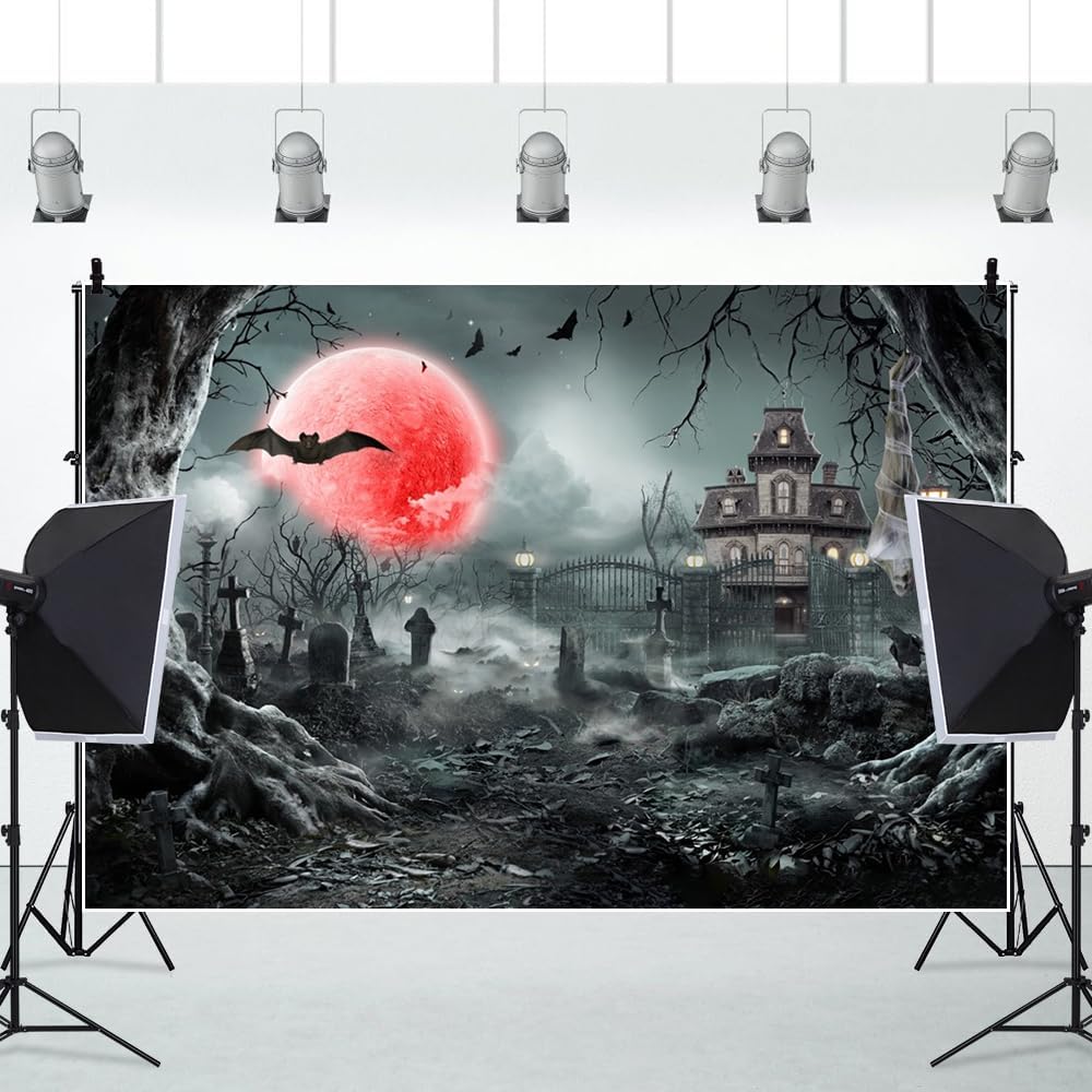 10x8ft Blood Moon Halloween Backdrop Haunted Graveyard Background