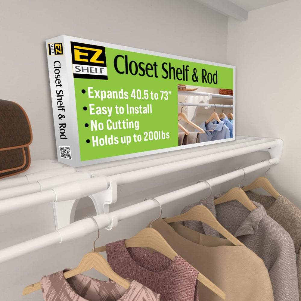 EZ SHELF- Closet Shelf with Hanging Rod, Expands 40.5-73", White, Closet...
