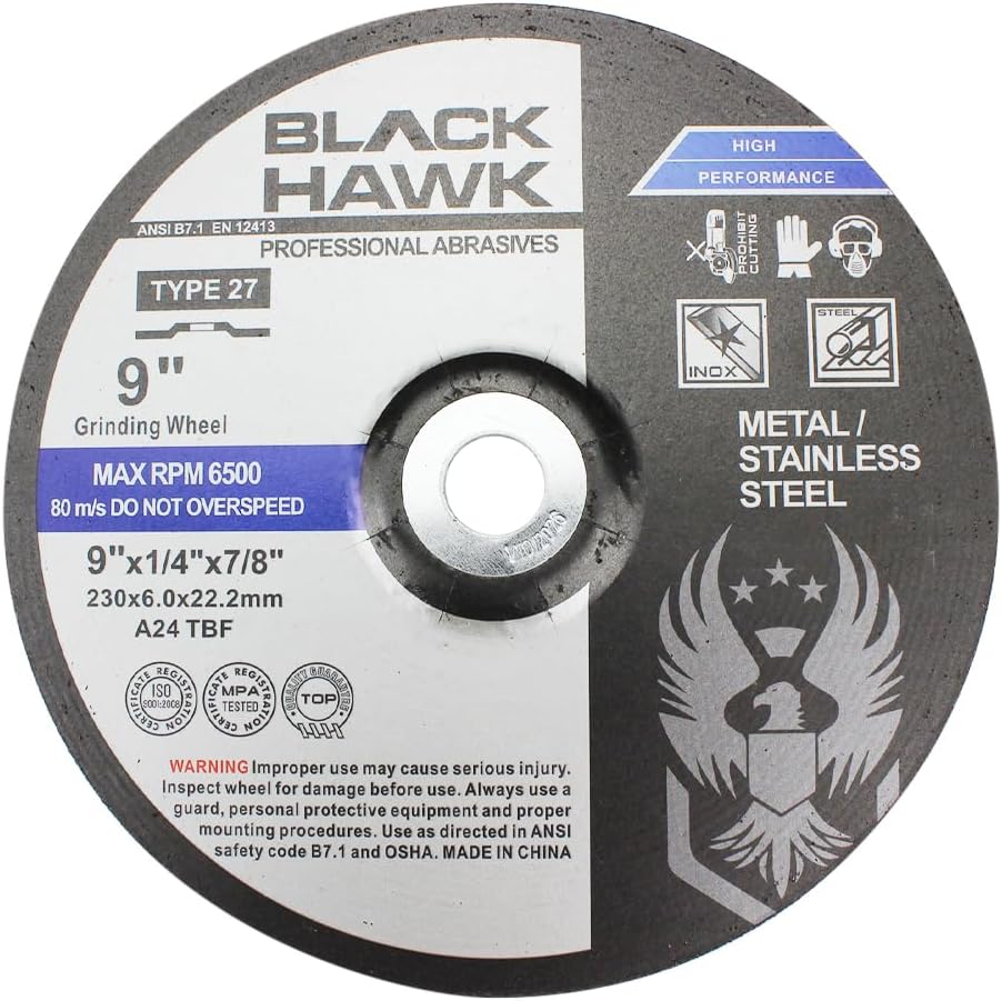 BHA 9 x 1/4 x 7/8 Metal Grinding Disc, Angle Grinder Wheel - 5 Pack