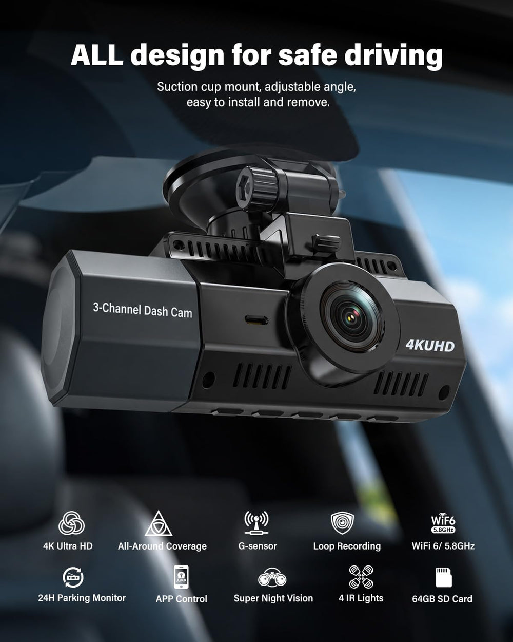 3 Channel Dash Cam, 4K+2.5K+2.5K, WiFi GPS, for Rideshare and Taxi