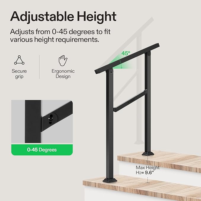 VIVOSUN Outdoor Handrail, 2 Step Stair Handrail, Wrought Mattle Iron Handrail