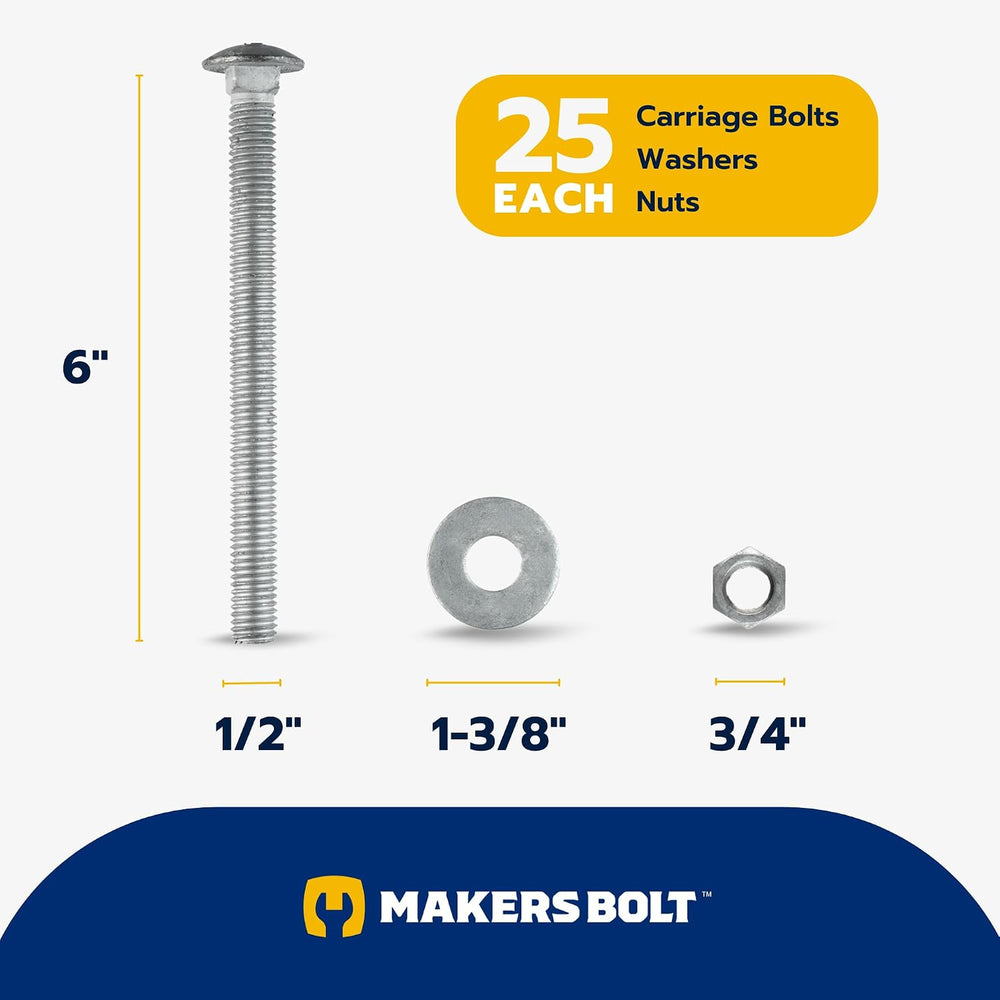 1/2" x 6" (25 Pack) Galvanized Carriage Bolt Kit Grade 307A Include...