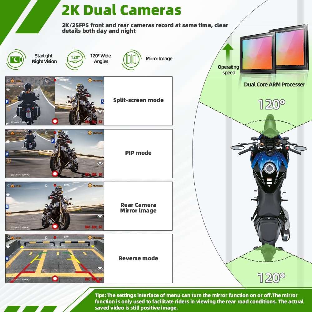 Motorcycle Carplay Screen,5G WiFi 2K Front and Rear Camera, Wireless Carplay ...