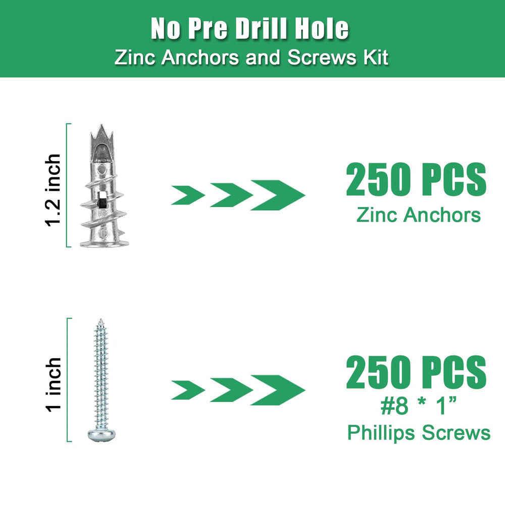 500PCS Zinc Self-Drilling Drywall Anchors with Screws Kit, 250pcs Heavy Duty ...