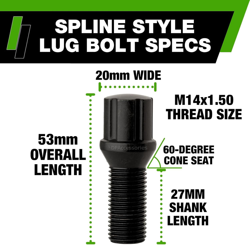 DPAccessories Black M14x1.50 Lug Bolts for Aftermarket Wheels | Spline Bolt |...