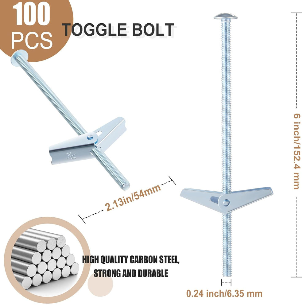 Yaocom 100 Pcs 1/4" X 6" Toggle Bolts and Wing Nut Wall Anchor for ...