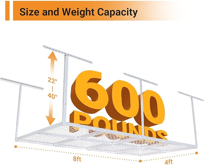 4ftx8ft Overhead Garage Storage Rack, Heavy-Duty Metal Garage Ceiling Storage
