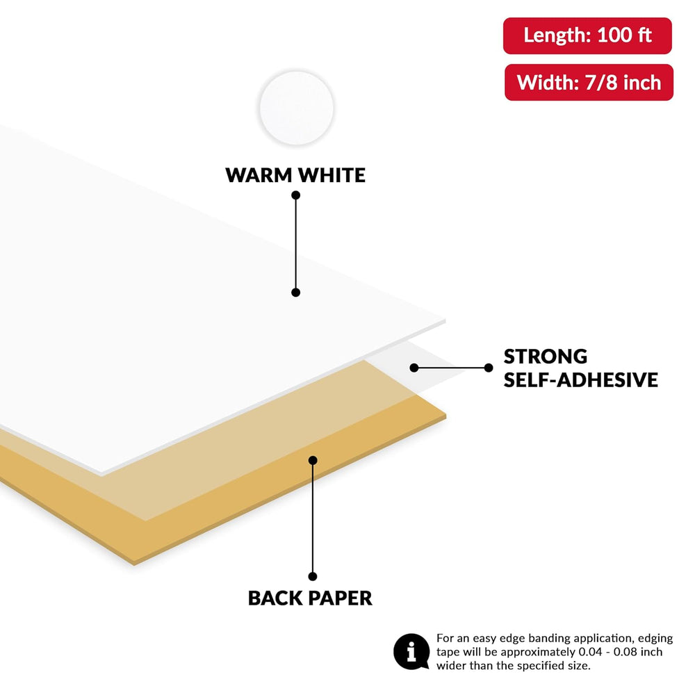 White PVC 7/8 inch x 100 ft Edge Banding Tape Peel Stick Adhesive Edging Vene...