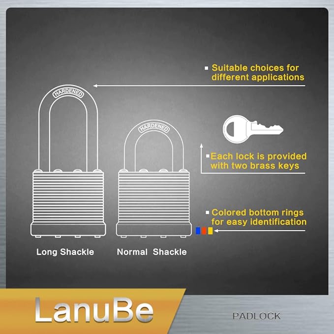 Lanube Lock 12-Pack Laminated Keyed Padlock Set 3 Colors, 2 Short 2 Long