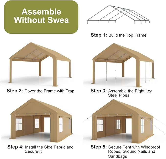 10x20FT Portable Garage, Galvanized Frame & 180 g PE Waterproof Canopy