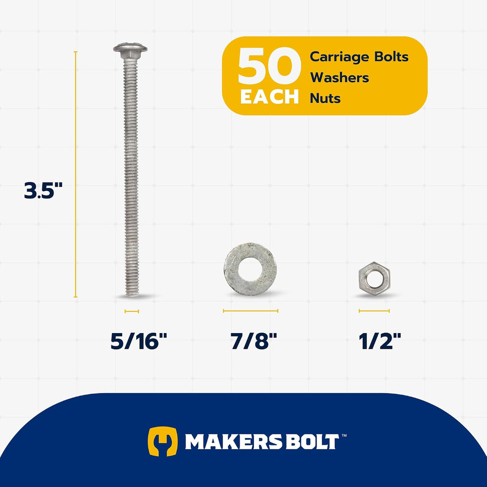 5/16" x 3-1/2" (50 Pack) Galvanized Carriage Bolt Kit Grade 307A In...