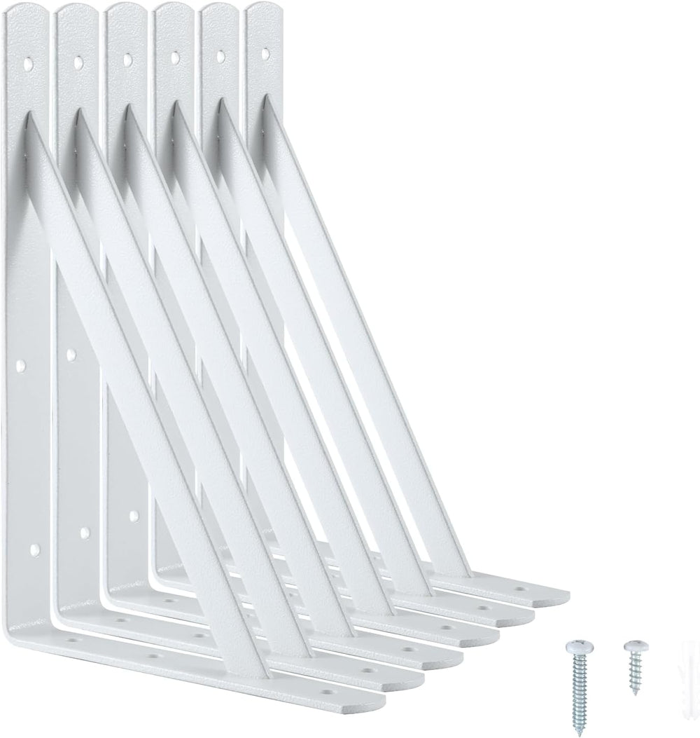 Heavy Duty Shelf Brackets, 12 x 8 Inch White Metal L Brackets, 6 Pack
