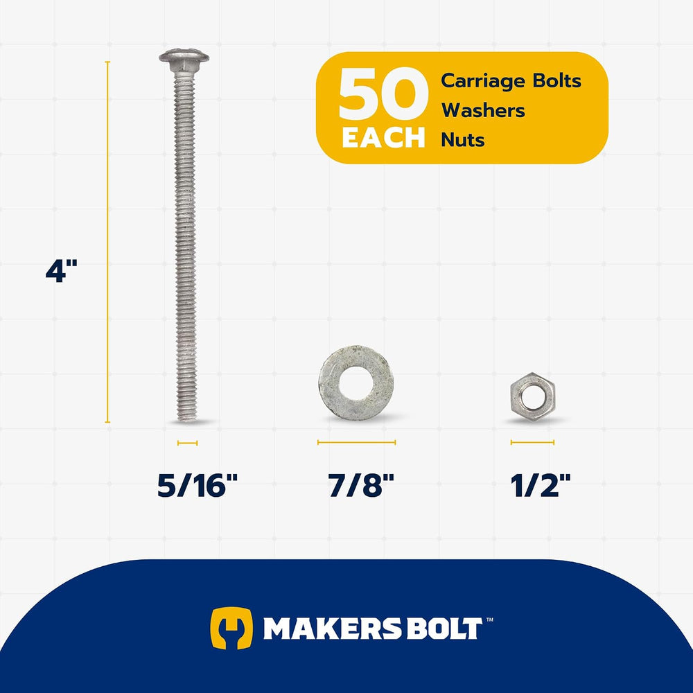 5/16" x 4" (50 Pack) Galvanized Carriage Bolt Kit Grade 307A Includ...