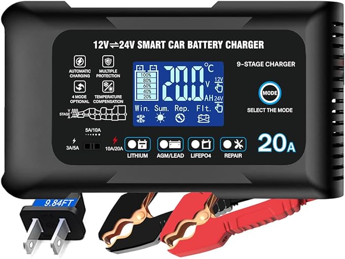 Battery Charger 0-20A 12V/24V Lithium LiFePO4 Lead Acid Fully Automatic